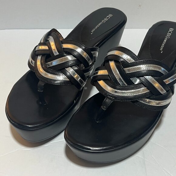 BCBGeneration Women's Wedge Sandals Black with Silver Accents 8-1/2B NOS 3" Heel - Picture 1 of 8